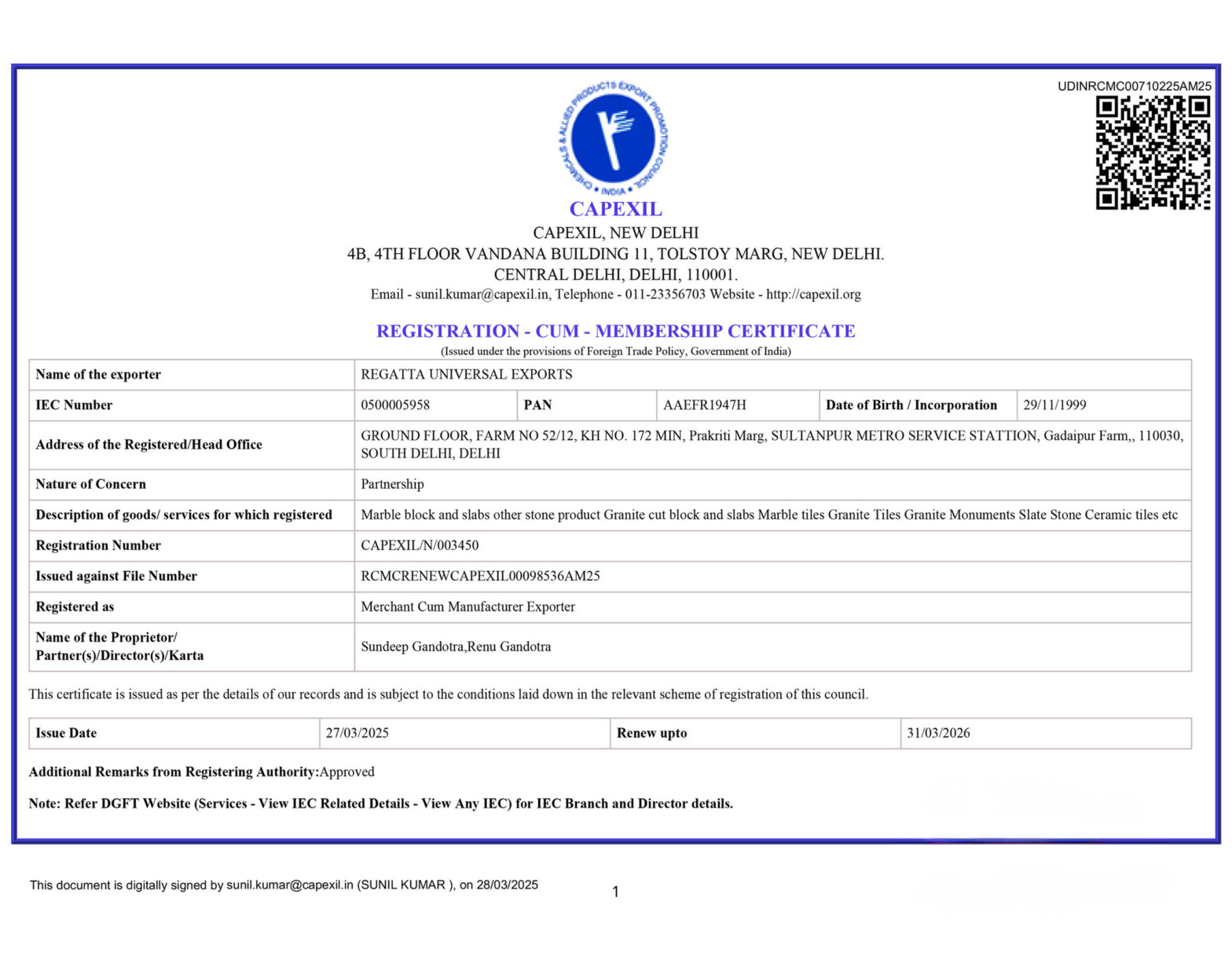 CAPEXIL Certificate